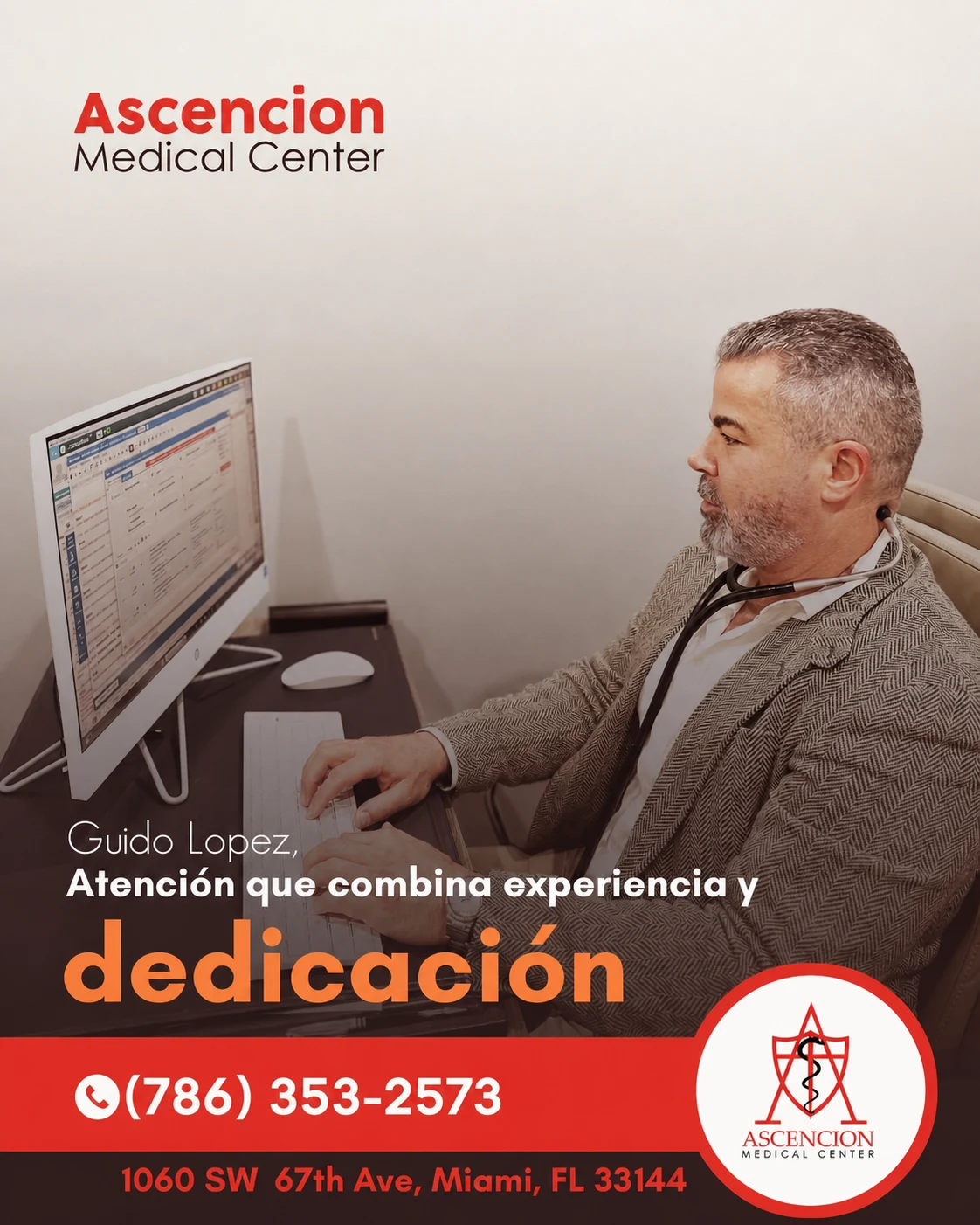 Retrato editorial de Guido Lopez en su consulta, con el mensaje Atención que combina experiencia y dedicación y los datos confirmados de la clínica de Miami.