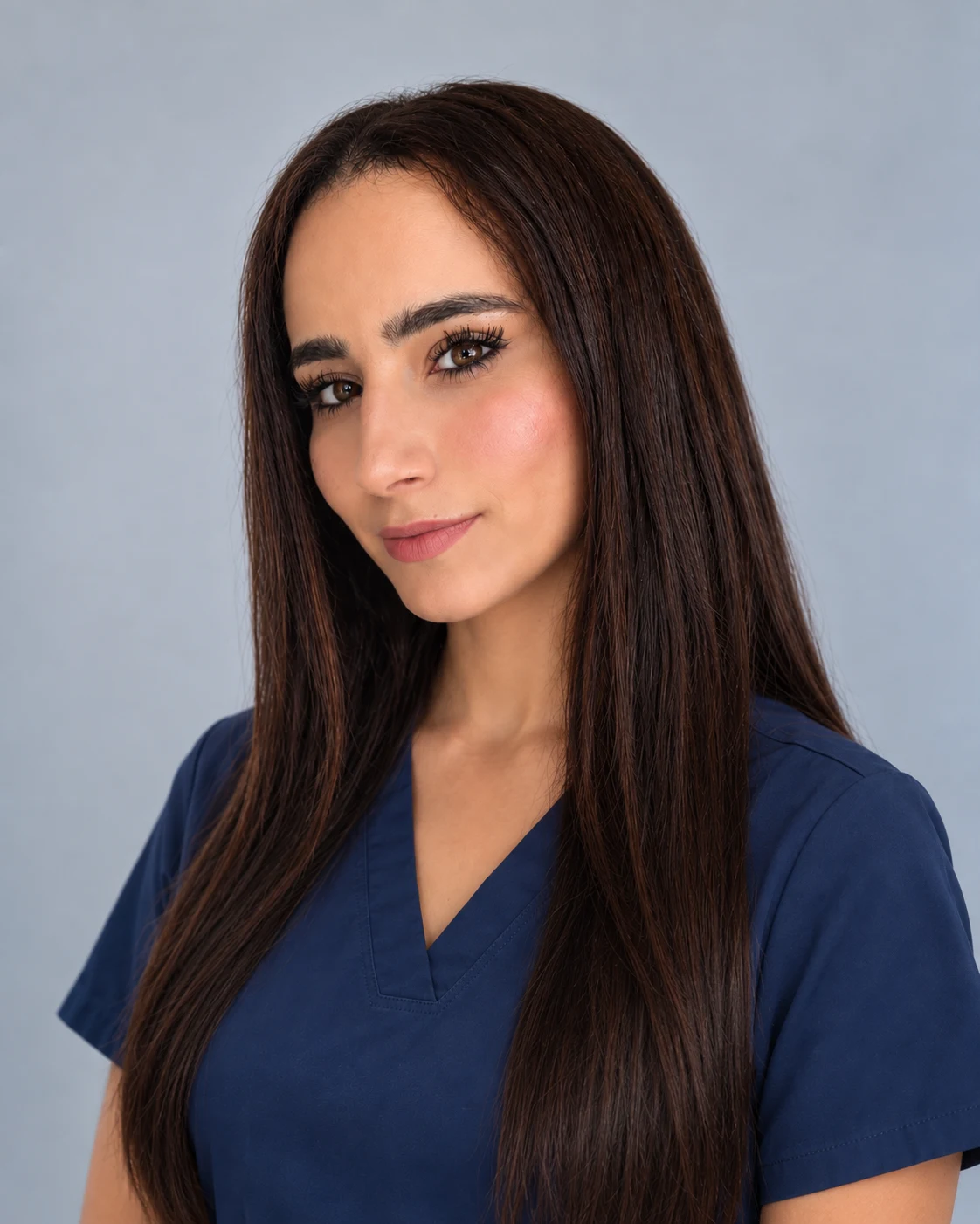Retrato provisional asistido por IA de Yoanna Chirino, integrante del equipo de Miami, con uniforme azul marino sobre fondo claro.
